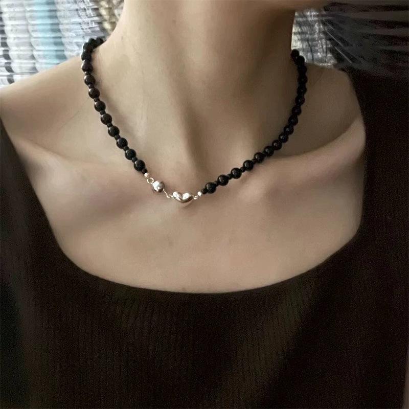 Black Beaded Heart Necklace: Summer Luxury Hip Hop Clavicle Chain