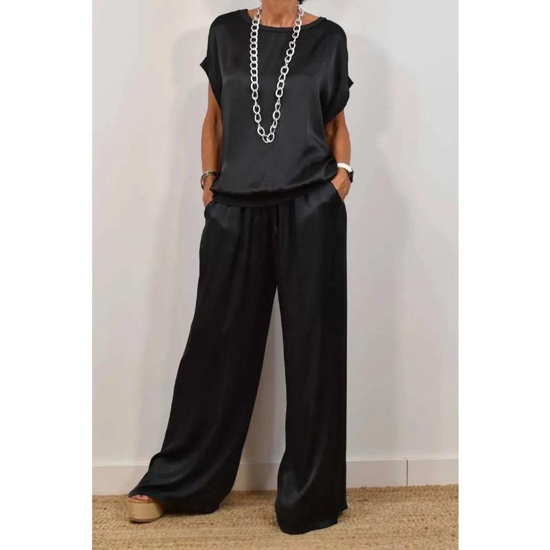 Womens Satin Two Piece Outfit Short Sleeve Top And Wide Leg Pants Set
