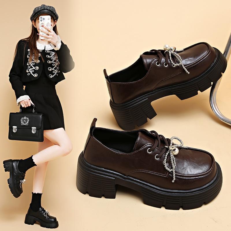 Retro Heightening Lace-up Loafer Single Shoes for Women's Autumn New Thick-soled Trendy and Small Leather Shoes for Women