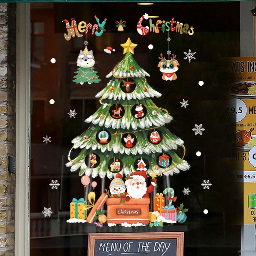 Cartoon Shopwindow Decals Santa Clause Reindeer Xmas Tree Sticker  Festival