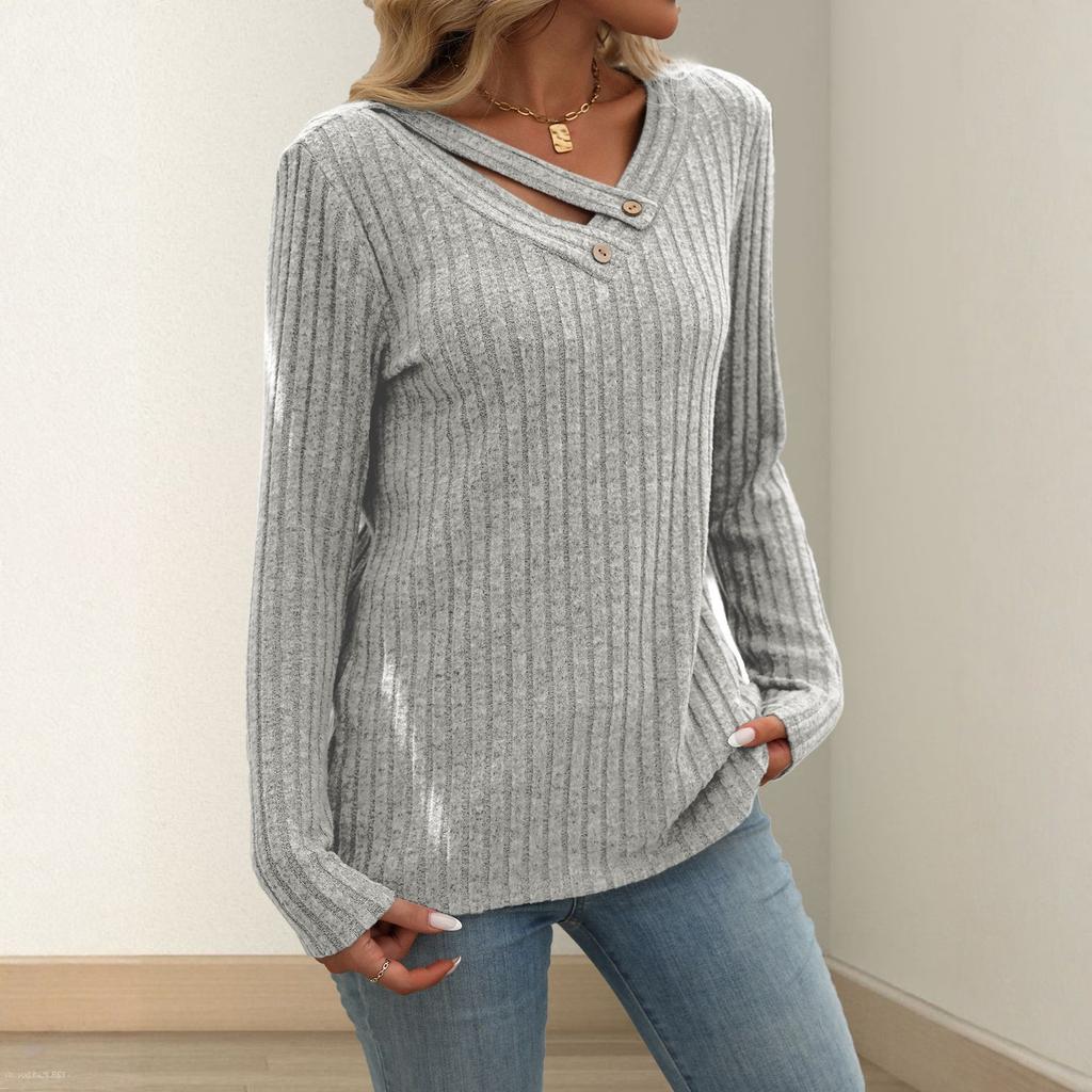 Women's Fashionable Solid Color V Neck Button Long Sleeved Loose Pullover T-shirt Top