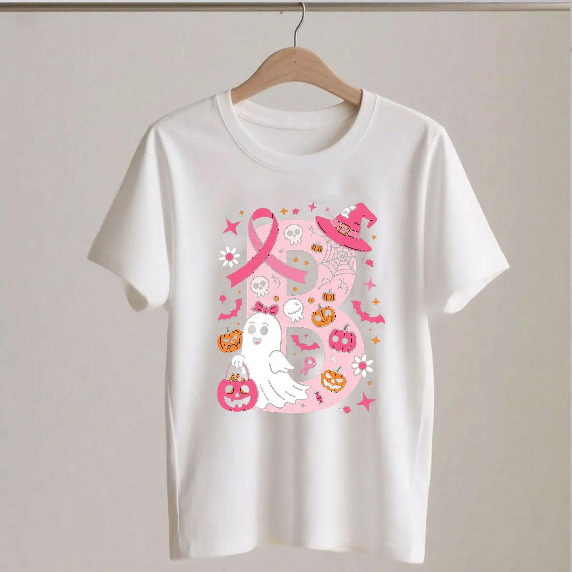 Ghost Pink Ribbon Patchwork Halloween Hope Strength Faith Spooky Graphic Print T Shirts for Women Harajuku Fit Clothing S