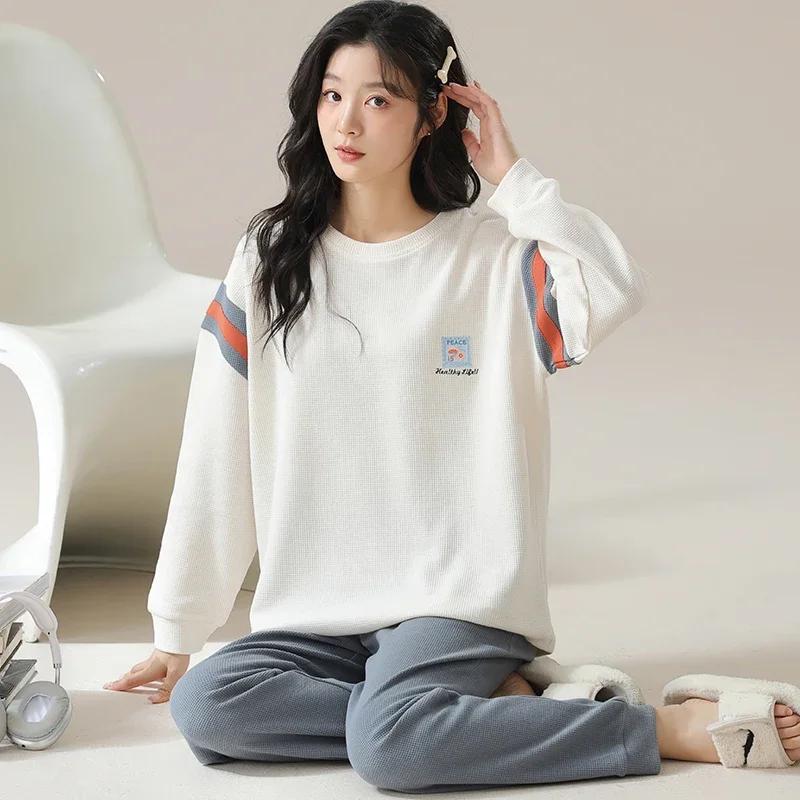 Autumn Winter Waffle Cotton Pajamas for Women Long Sleeves Home Wear Casual Sports Pijamas Round Collar Woman Sleepwear