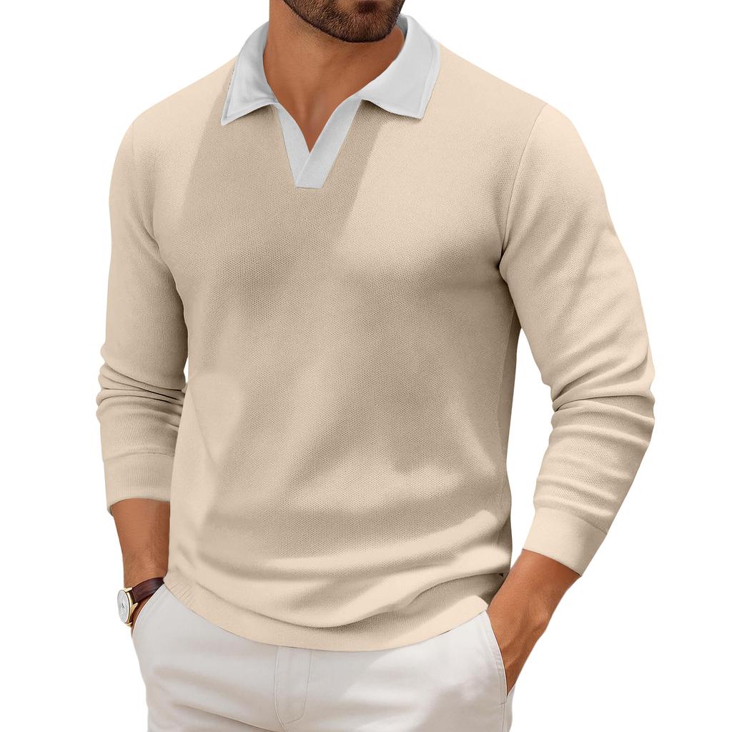 Men's Casual Color-Block Collared Long-Sleeve Knit Base Layer Top
