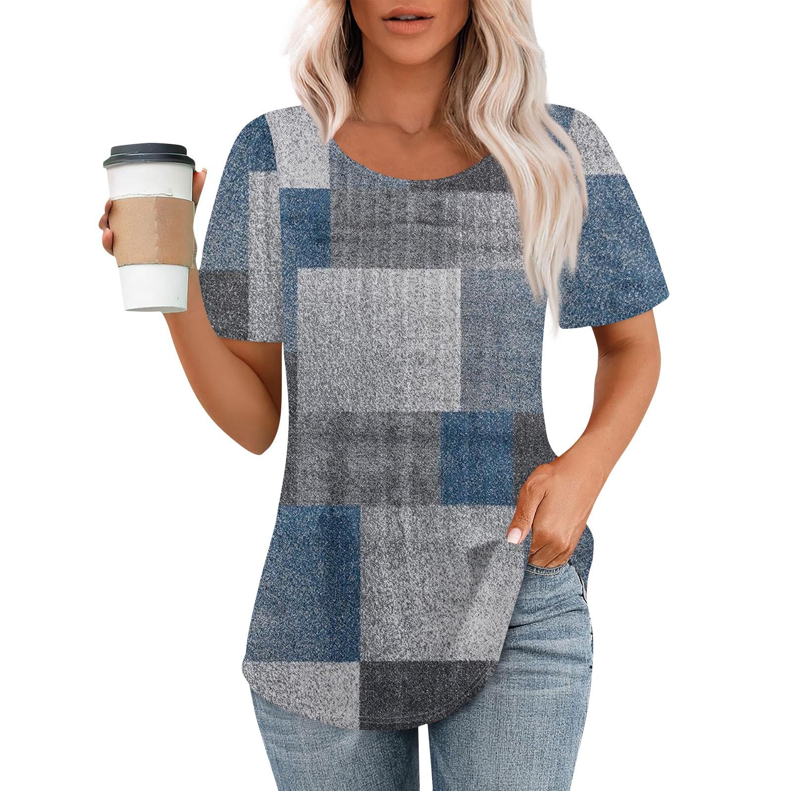 

Женская модная повседневная плиссированная футболка с короткими рукавами и круглым вырезом с принтом, топ S синий