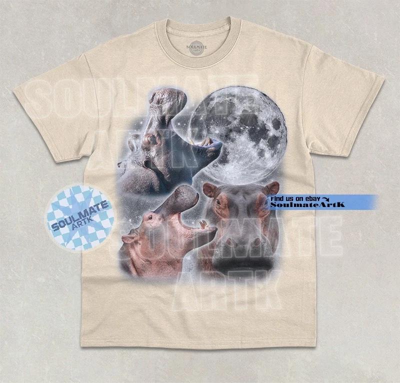 Three Hippo Moon T- Shirt Funny Meme Hippo Lover Joke Graphic Unisex Shirt 3XL