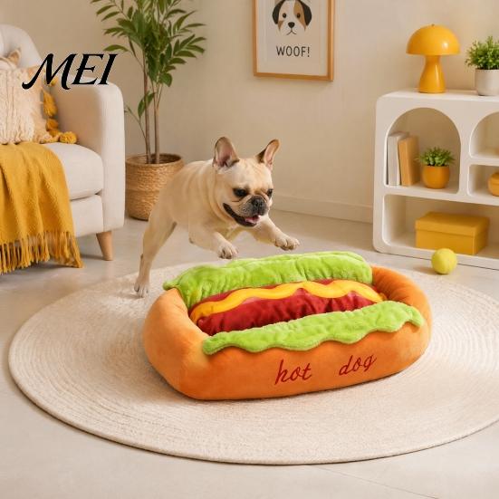 Einzigartige Haustierhöhle für Dackel Hot Dog Bett, Niedliches Gemütliches Kuschelbett mit Abnehmbarem Waschbarem Polster, Lustiges Kreatives Tierbett Wohnzimmer Brötchen Plüsch Kleine Hunde Katzen