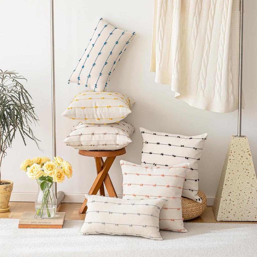 Boho Throw Pillow Covers 18x18 Set of 2 Modern Farmhouse Decorative Cushion Case Tufted Square Pillows Cover Neutral Pillow Cases Accent Pillowcase