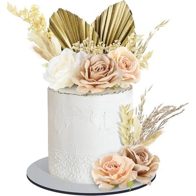 Boho Cake Topper Decor Vintage Artificial Rose Flowers Palm Leaves for Cake Dried Faux Flower Decor for Bohemian Wedding Baby Shower Birthday Party
