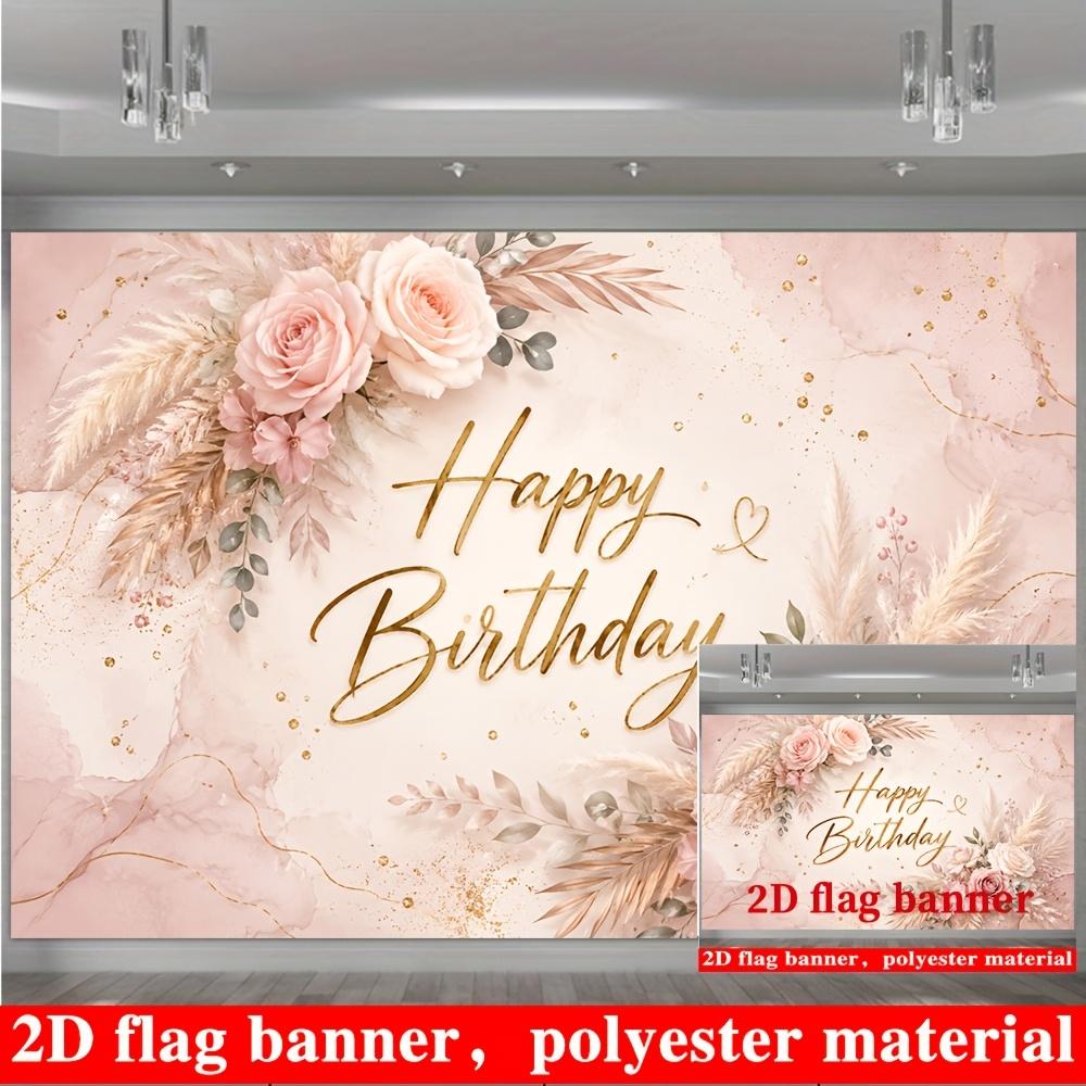 Pink Happy Birthday Banner Backdrop Marble Roses Pampas Greenery Polyester