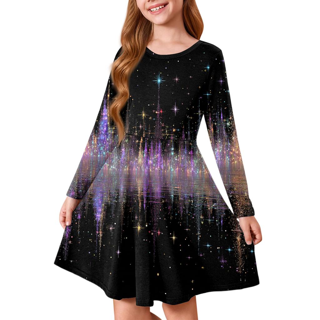 Dívčí princeznovské šaty - Tričkové šaty áčkového střihu s dlouhým rukávem na Štědrý den