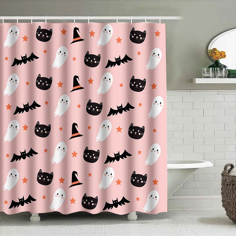 Whimsical Witchy Halloween Decor Shower Curtain Black Cats Bats Pattern Pink Background Polyester Fabric Perfect For Fall Decora