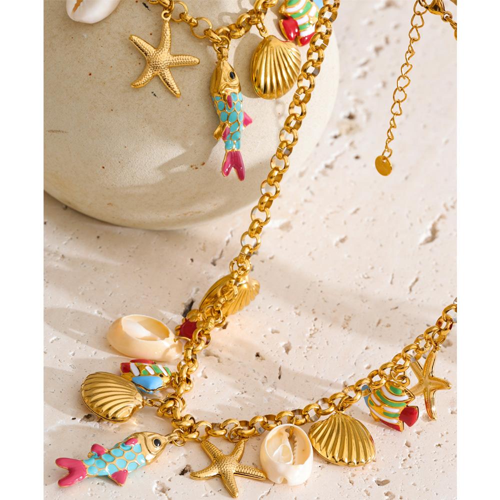 Yhpup Ocean Series Enamel Fish Shell Starfish Drop Charm Necklace Bracelet Bangle Summer Stainless Steel Chain Holiday Jewelry