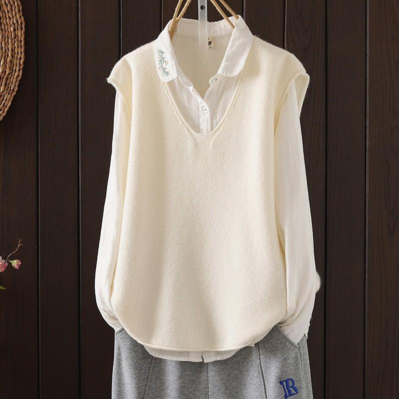 Womens Artistic Knit Vest Deep V Neck Loose Fit Sleeveless Sweater Layering Piece