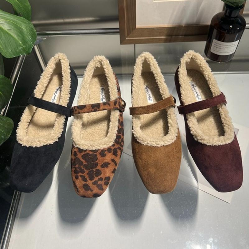 Comfort Leopard Suede  Flat Shoes Autumn Winter Fluffy Warm Soft Mary Jane Shoes Ladies Elegant Party Dress Shoes Pumps
