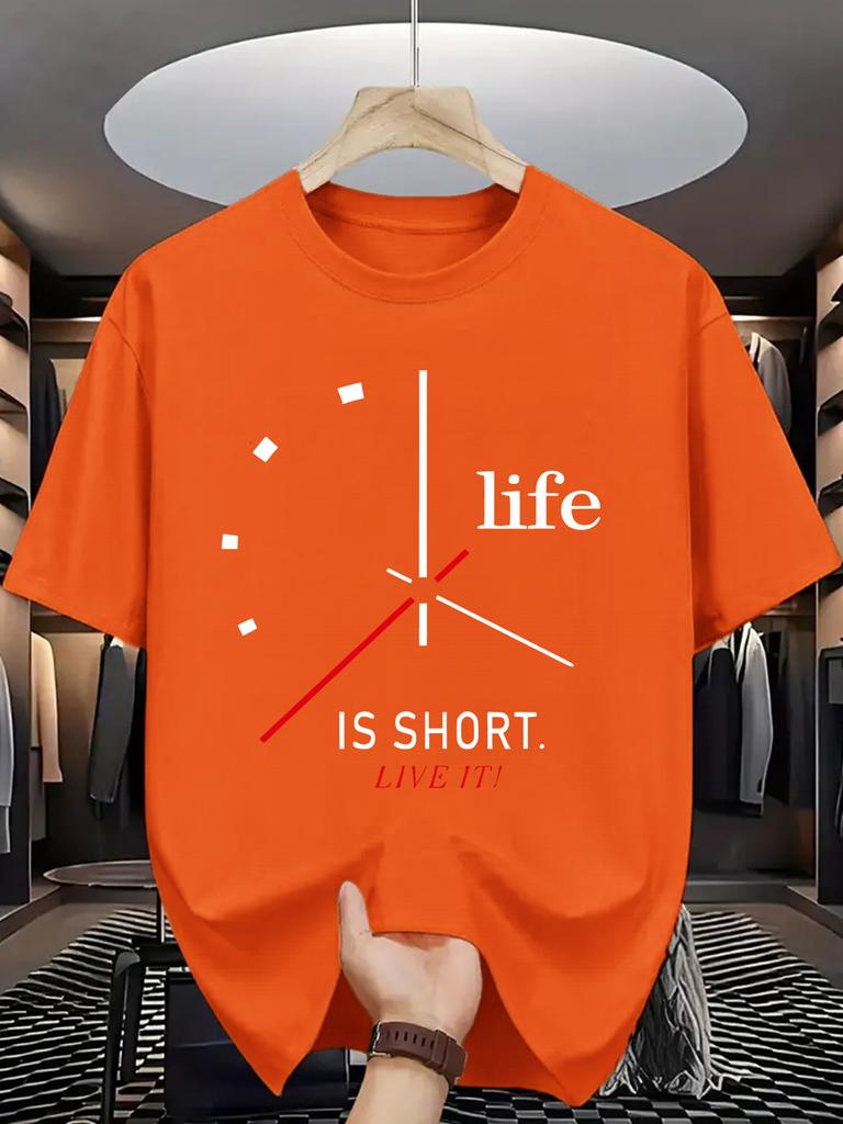 Unisex Crew Neck Tee Clock Life Short Quote Letter Graphic Print Soft Cotton Loose Short Sleeve Summer Casual Male Streetwear Tops