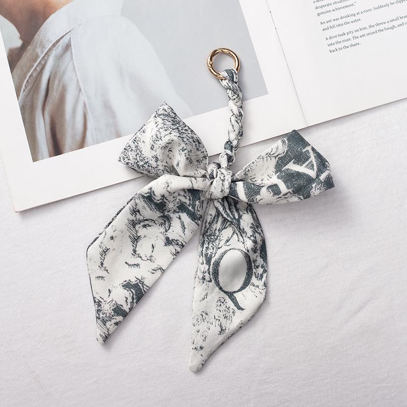 Silk Scarf Keychain with Horseshoe Buckle and Ribbon Bow for Bags and Cars