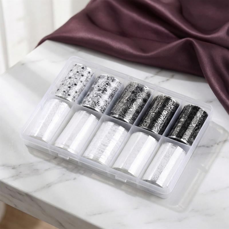 10 rolí přenosových fólií na nehty Samolepky Černá Bílá Červená Krajka Květiny Nail Art Přívěsky na nehty DIY Dekorace nehtů Manikúra Příslušenství
