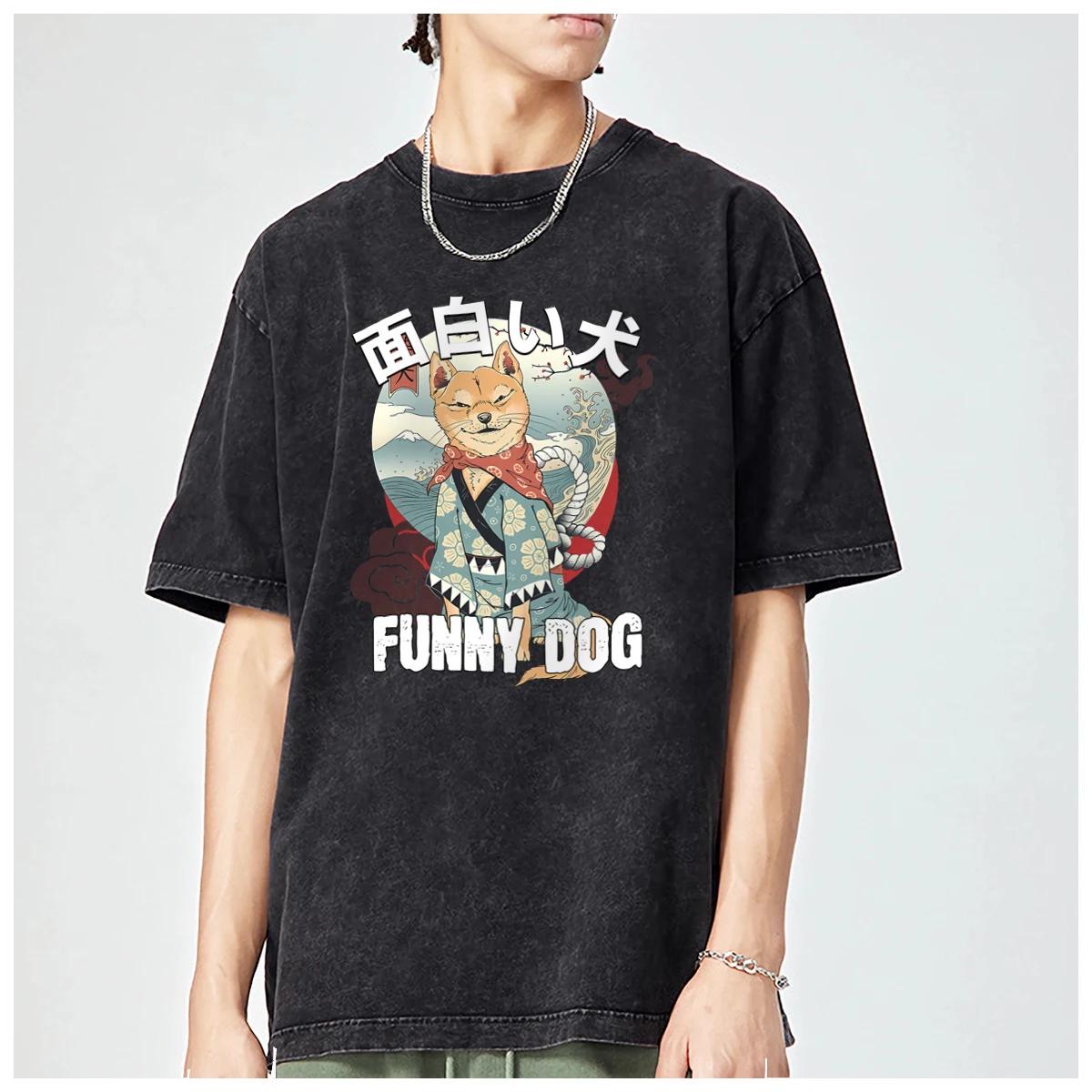 

Футболка оверсайз в стиле аниме с графикой собаки в японском стиле, уличная одежда, мужская, женская, модная, винтажная, из стираного хлопка 3XL