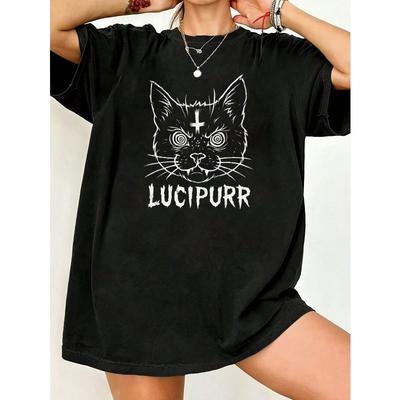 Oversized T-shirt Zwarte Kat Met Kruis En Lucipurr Tekstprint Casual Streetwear Voor Dames