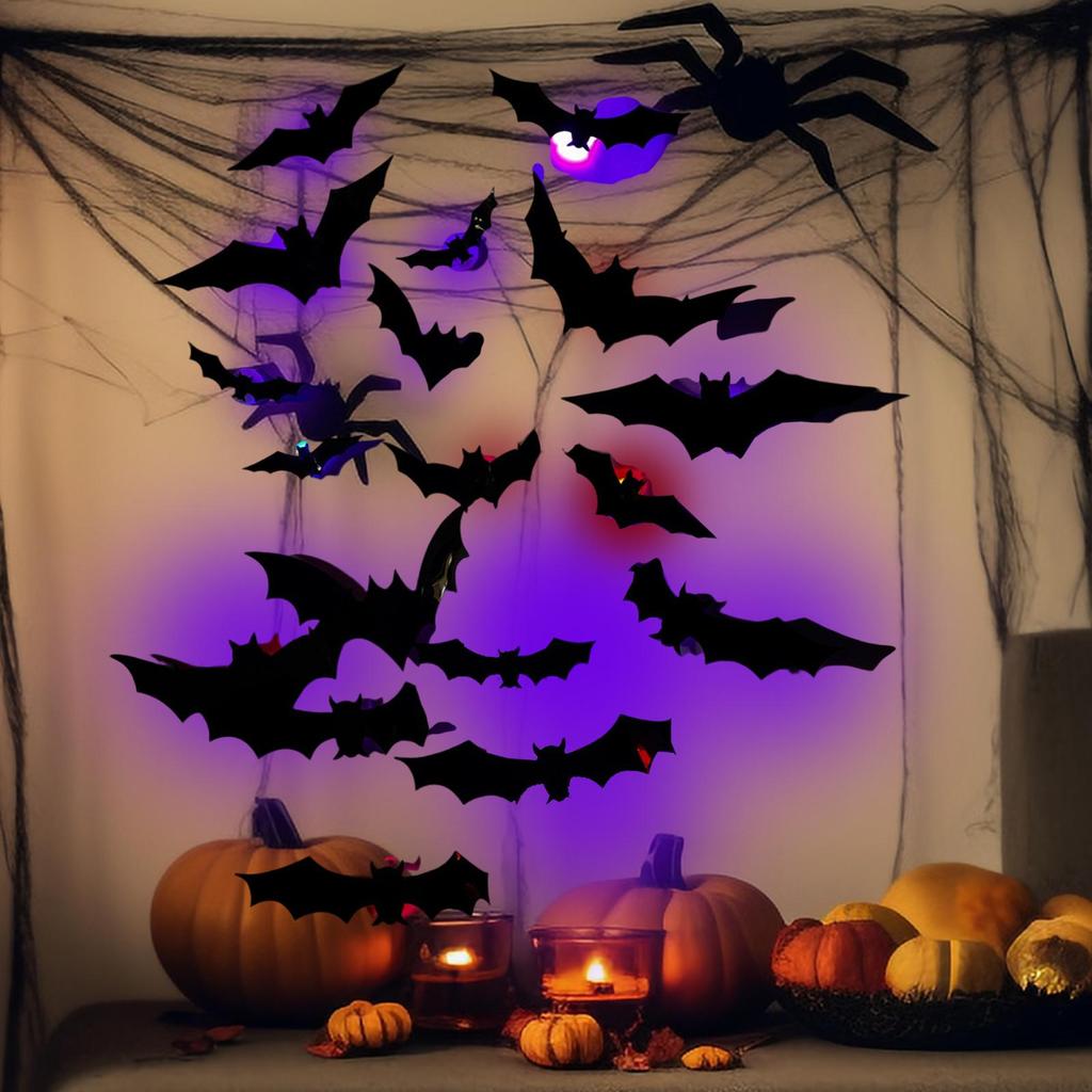 3D LED Bats Lighted 3D Bat Design LED Decoration 12 Pieces Wall Stickers Spooky Decals For Porch Window Living Room Bathroom