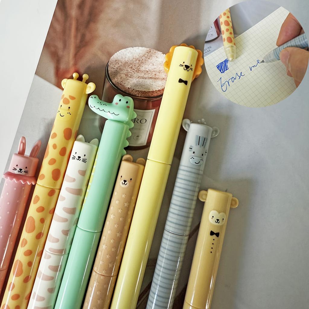 8pcs Cute Zoo Theme Erasable Gel Pen Set, 0.5mm Fine Point, Blue Ink, Built-in Eraser, Smooth Writing, Ideal for Note-Taking