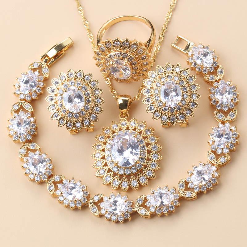 African Wedding Necklace Big Sunflowe Jewelry Sets  Gold Plated Luxury Woman Earrings Charm Bracelet And Ring Bridal Costume