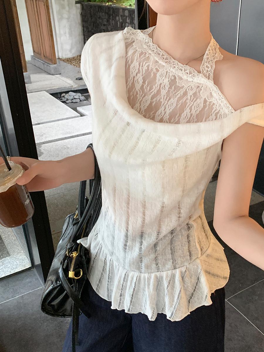 

Pure lace neck splicing swing collar short-sleeved T-shirt women s summer ootd beautiful lotus leaf hem beautiful top L білий