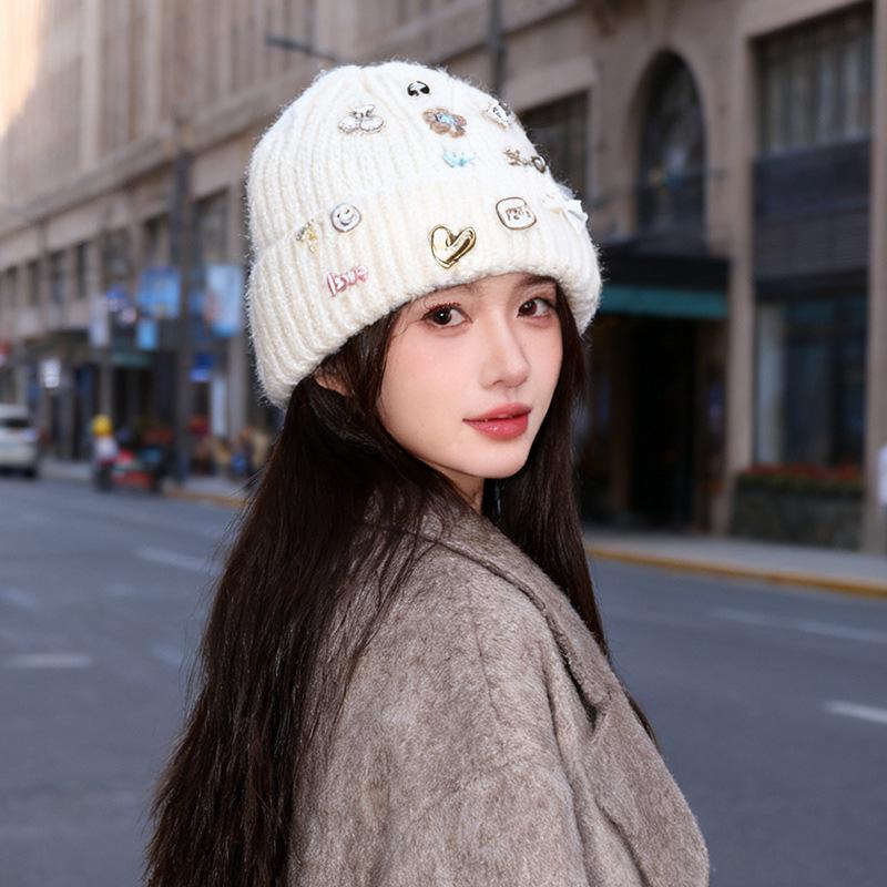 New Autumn and Winter Hat Women's Multi Button Thick Thread Knitted Woolen Hat Warm Ear Protection Bag Head Hat Pullover Cold Hat