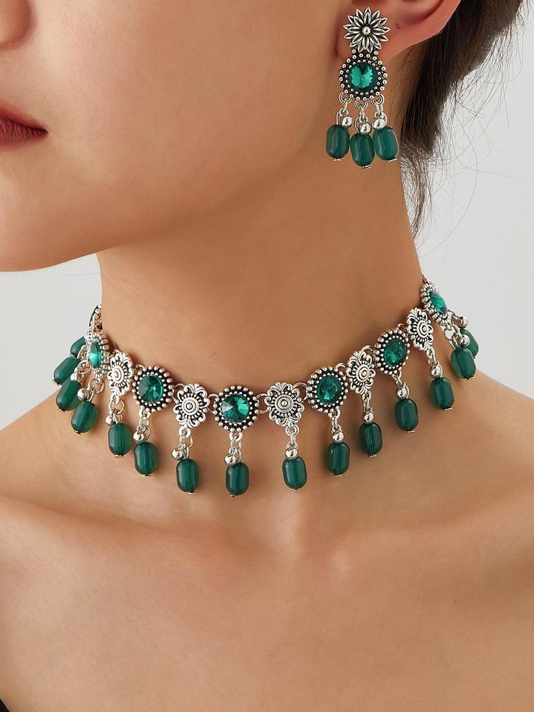 Boho Chic Beaded Tassel Choker Necklace & Retro Earrings Set for Women