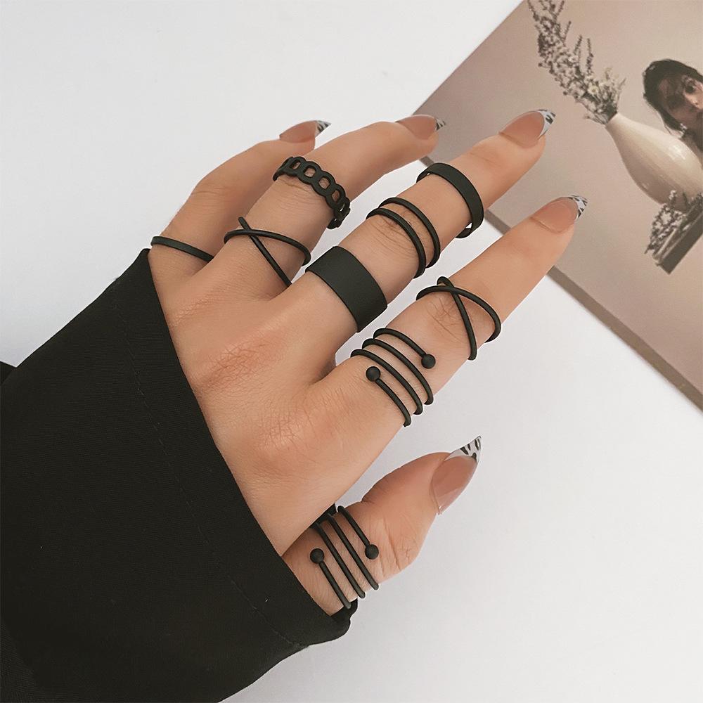 European and American Trendy Black 9-Piece Ring Set