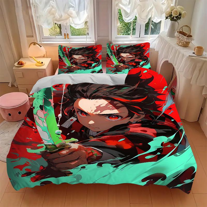 3pcs Tanjiro's Determination Demon Slayer Bedding Set - Includes 1 Quilt Cover and 2 Pillowcases, Comfortable Bedding with Stylish Design fo