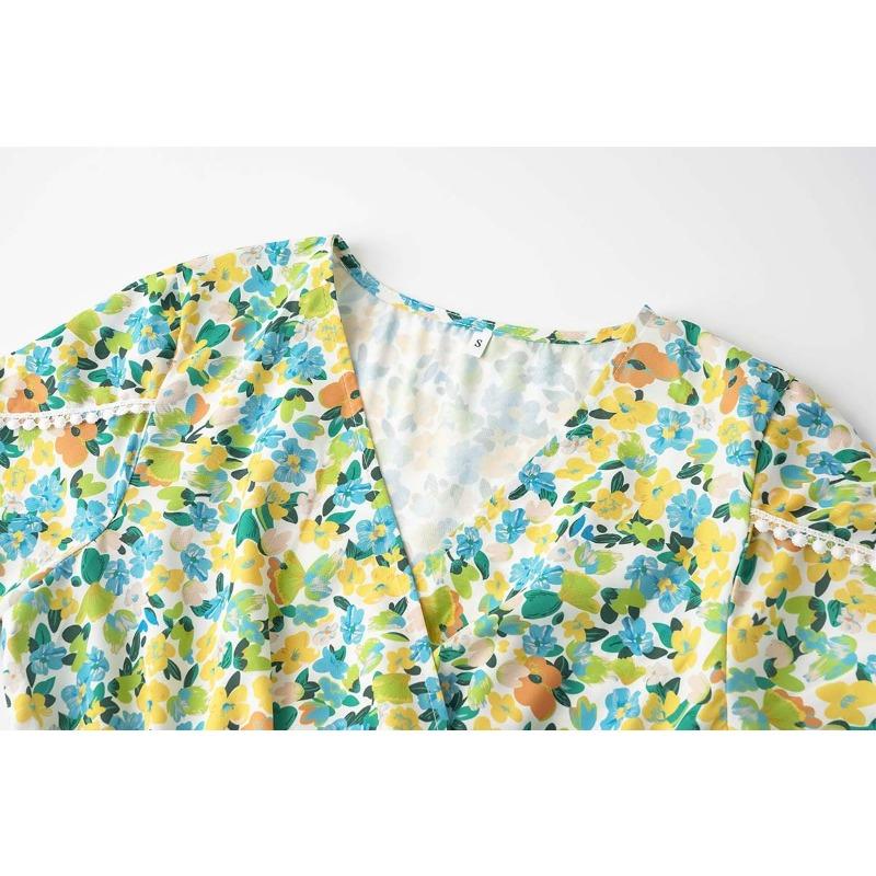 Summer Short Sleeve Floral Printed Women Dress New V Neck Fashion Elegant Loose Casual Party A-line Dresses Female Lace-up Women's Clothing