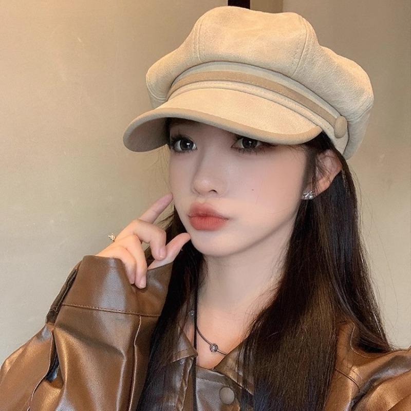 New pu leather brim octagonal hat female retro face little newsboy painter hat big head circumference beret