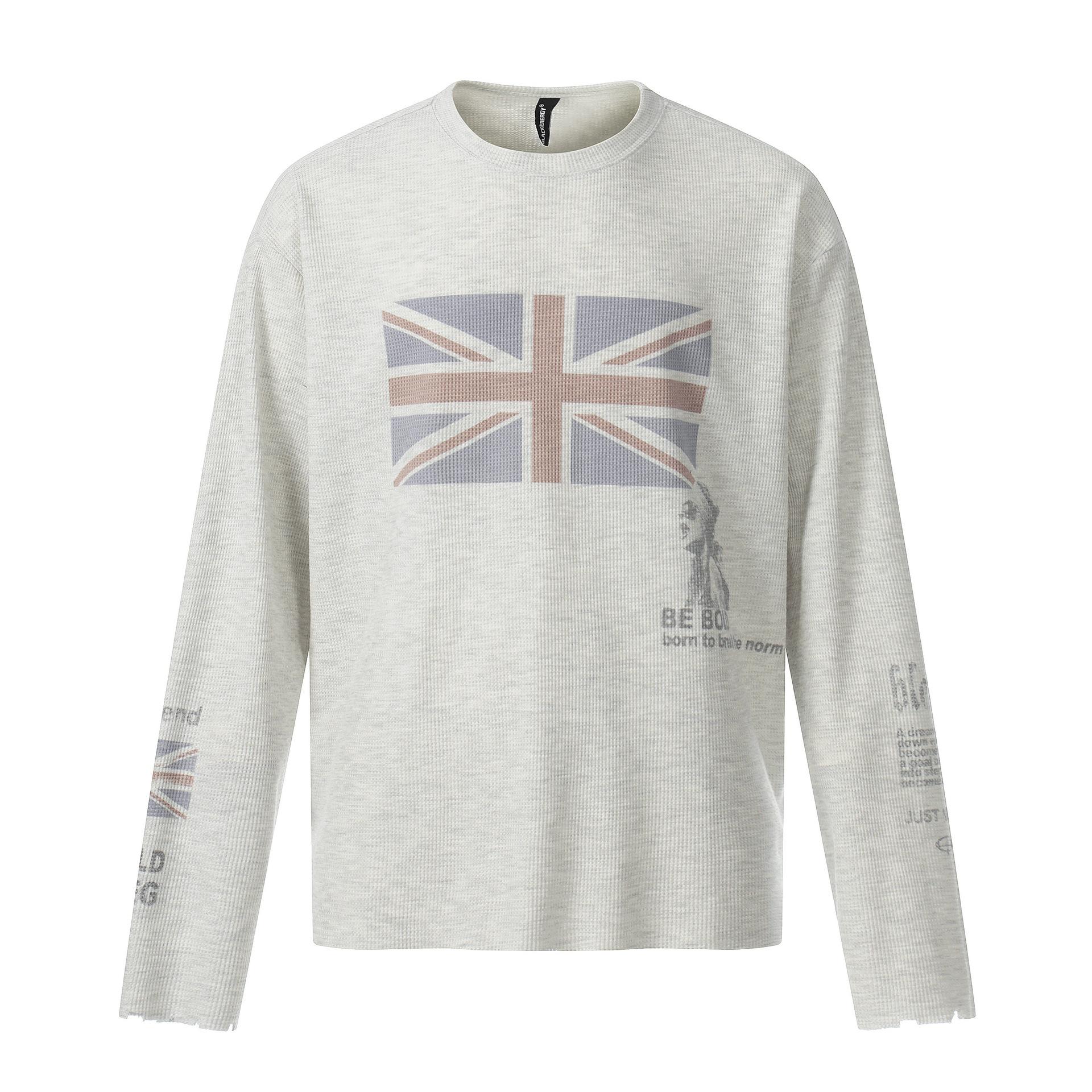 British print T-shirt long-sleeved waffle destruction jersey sports personality bottoming shirt S