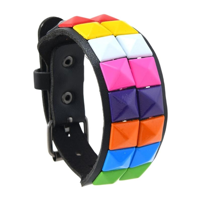 Studded Cuff Bracelet Double Row Square Studs Adjustable Closure PU Strap Punk Wrist Bangle for Concert Streetwear