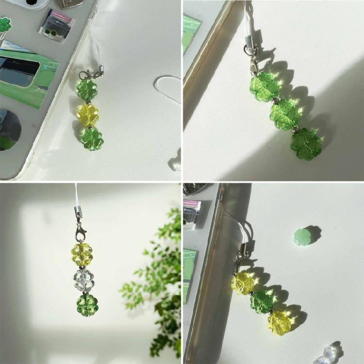 Fashion Beaded Phone Charm Lanyard for Women Girls Crystal Four Leaf Clovers Keyring Stylish Keychain Bag Purse Pendant