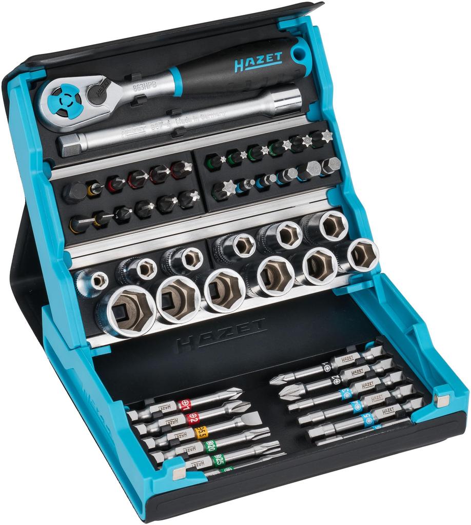 HAZET Socket Wrench Professional Tool Set with Smart Hex and Square and Made in Authentic 2200SC-2 Set, 50-Piece Case, Ratchet, 1/4-Inch (6.3mm)