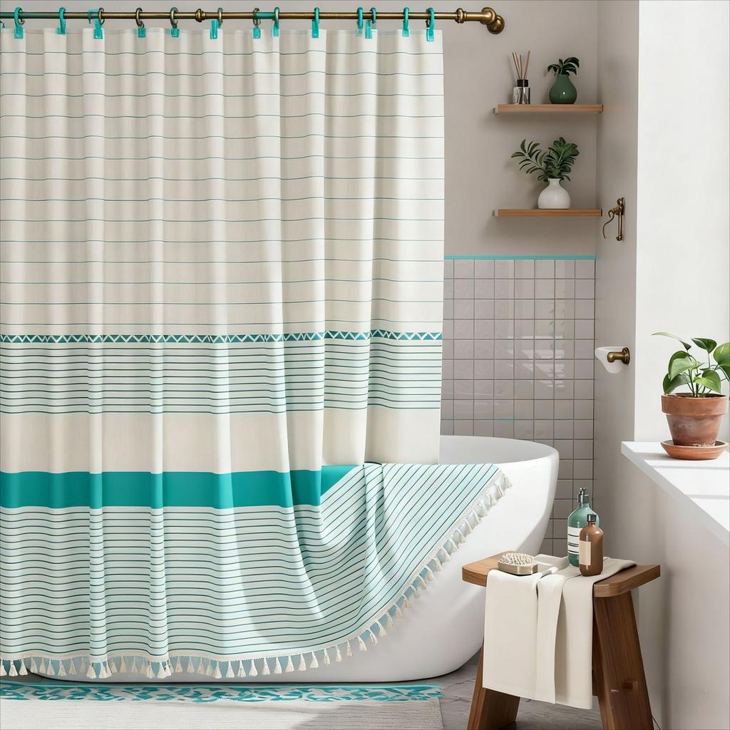Simple Tassel Striped Bathroom Curtain – Printed Bamboo Joint Fabric, Privacy Shower Partition, Waterproof & Heavy Duty (Hooks Included)