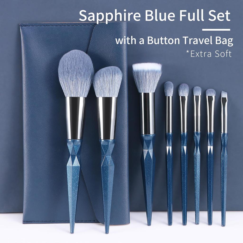 ENZO KEN Blue Glitter Makeup Brush Set with Travel Vegan Face and Eyeshadow Brush Set with Hourglass Resin Colorful Contour Blending Brush Kit Bag,