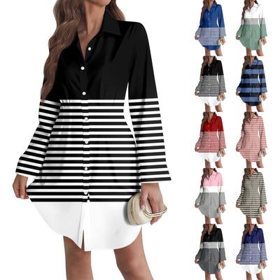 Women's Loose-fitting V-neck Long-sleeved Dress Print Work Shirt Dress