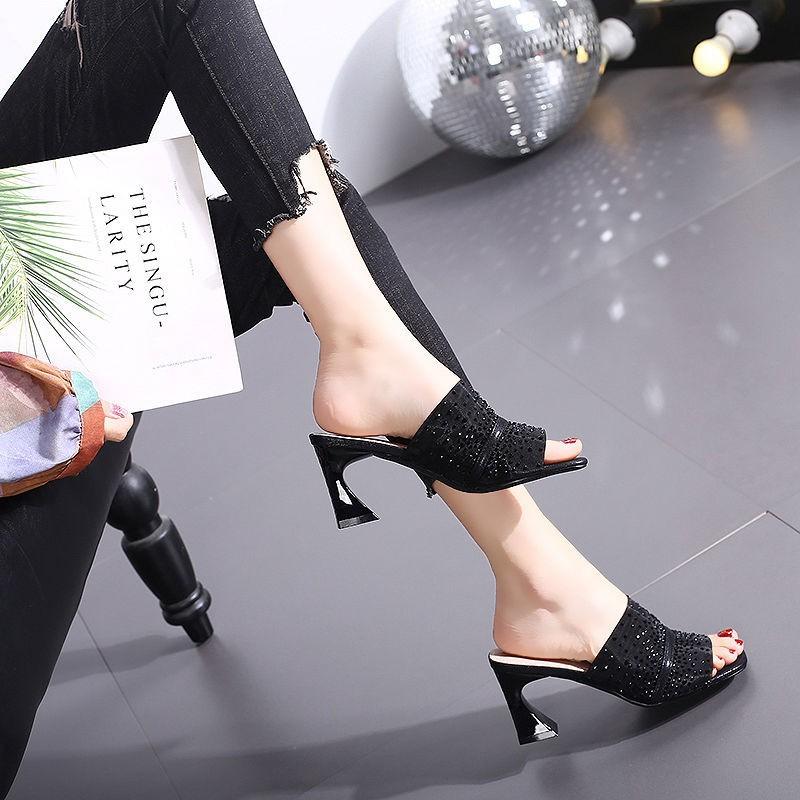 Rhinestones Sandals Open toe Mesh Slippers Women's 2025 New Summer High Heels