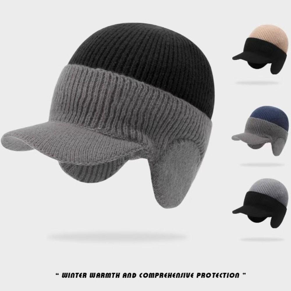 Fashion Ear Protection Men Knitted Cap Keep Warm Knit Wool Beanies Hat Casual Short Brim Ski Earflap Hat Cycling