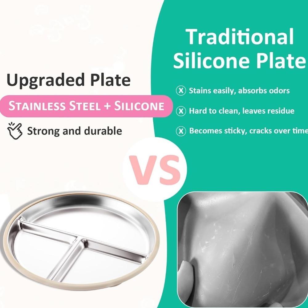Non-Slip Stainless Steel Kids Plate Silicone Sleeves Toddler Bowls New Divided Baby Plates