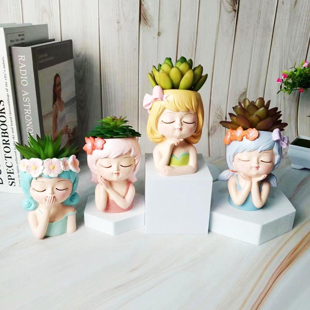 Resin Fairy Flowerpot Girl Statue Succulent Planter Pot Face Planters Pots  Office