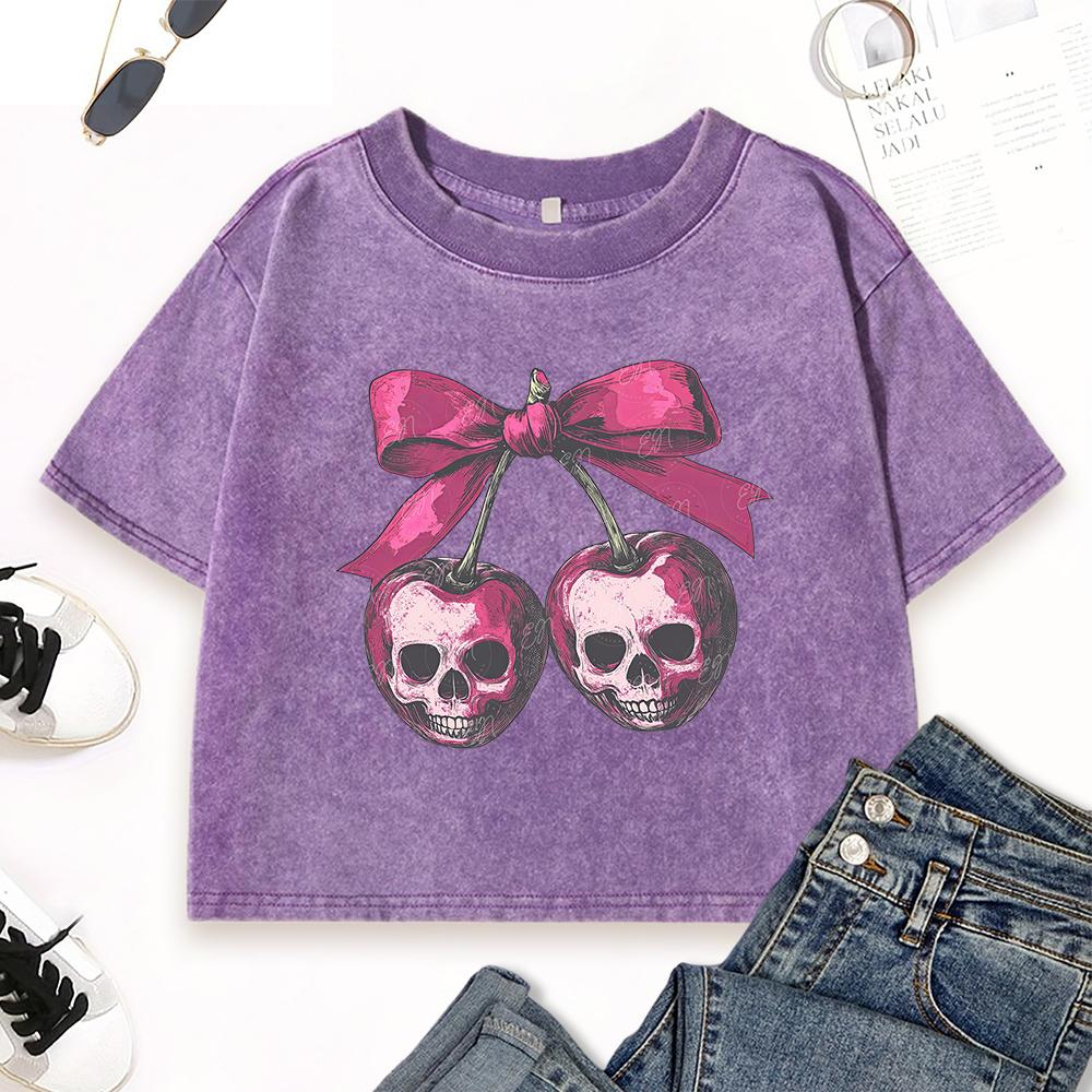 Pink Bow Skeleton Cherry Print Women Washed T-Shirt Slim Cotton T Shirts Street Hip Hop Tops Short Sleeve