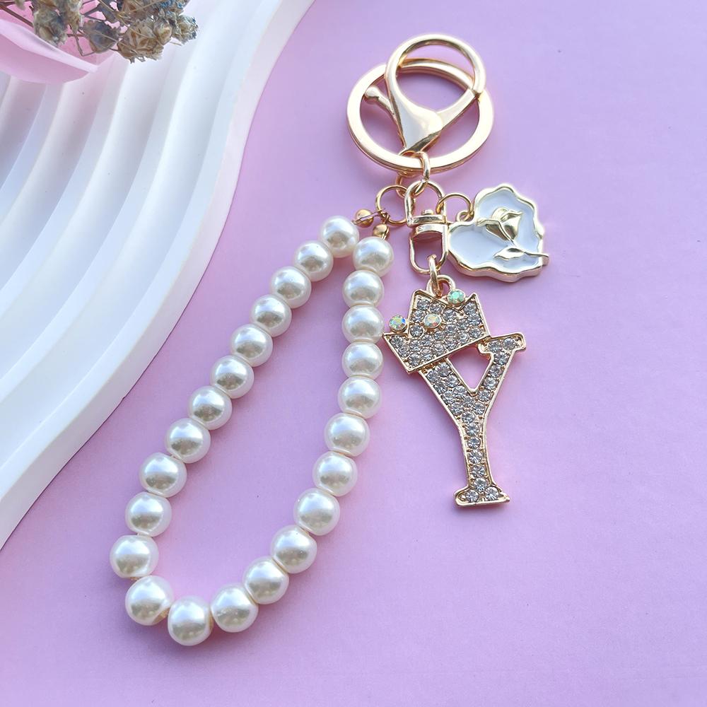 Boutique Crown A-Z 26 Initial Letters Rose Keyring Crystal Faux Pearl Resin Beaded Keychain Bag Pendant Women Girl Gifts Jewelry