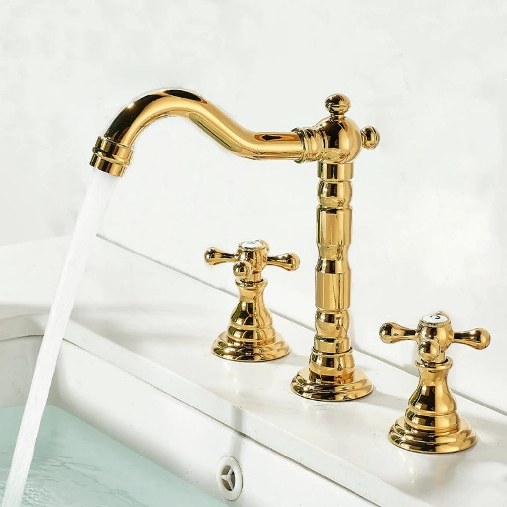 Tuqiu Szeroko rozstawiona Bateria Umywalkowa Mosiądz Złoto Bateria Łazienkowa Chromowana Bateria Umywalkowa 3-otworowa Ciepła i Zimna Bateria Umywalkowa Kranik