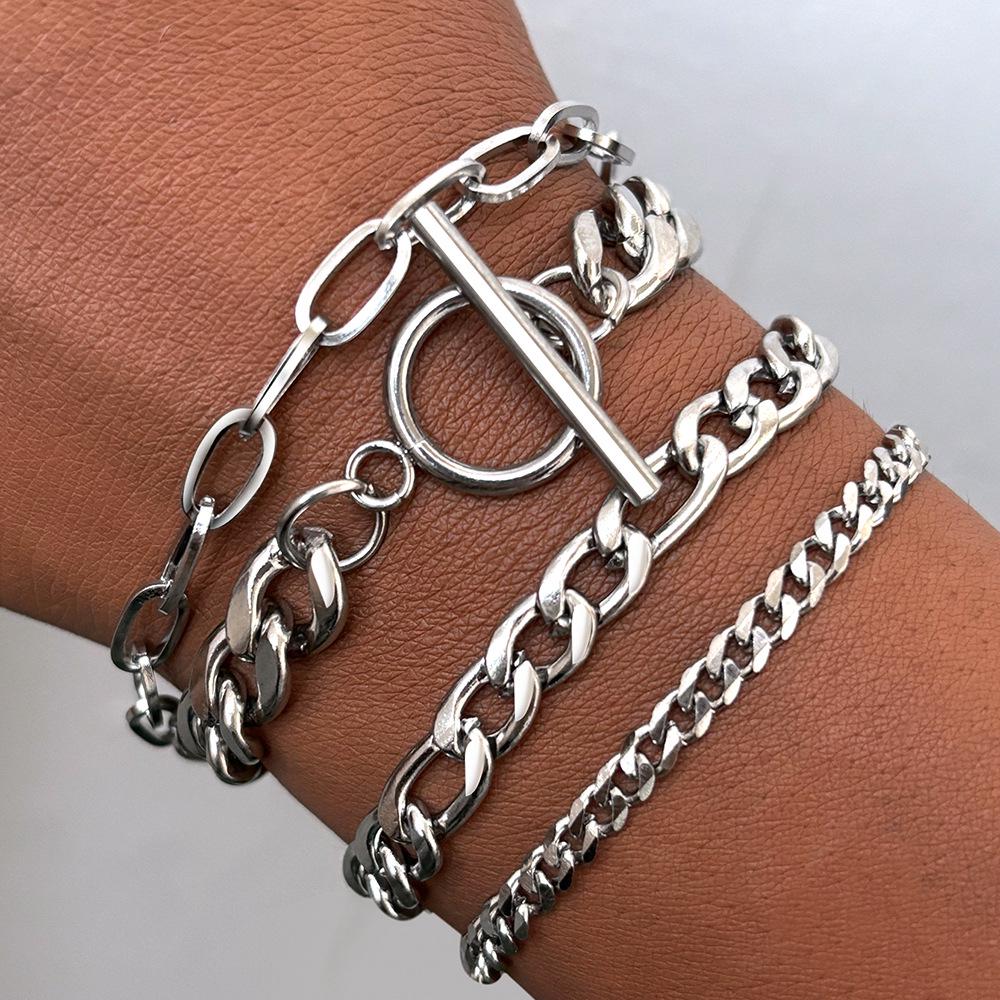 European & American Hip-Hop Figaro Chain Bracelet Set with OT Buckle Charm, Multi-Layered, Stainless Steel, Thick Design