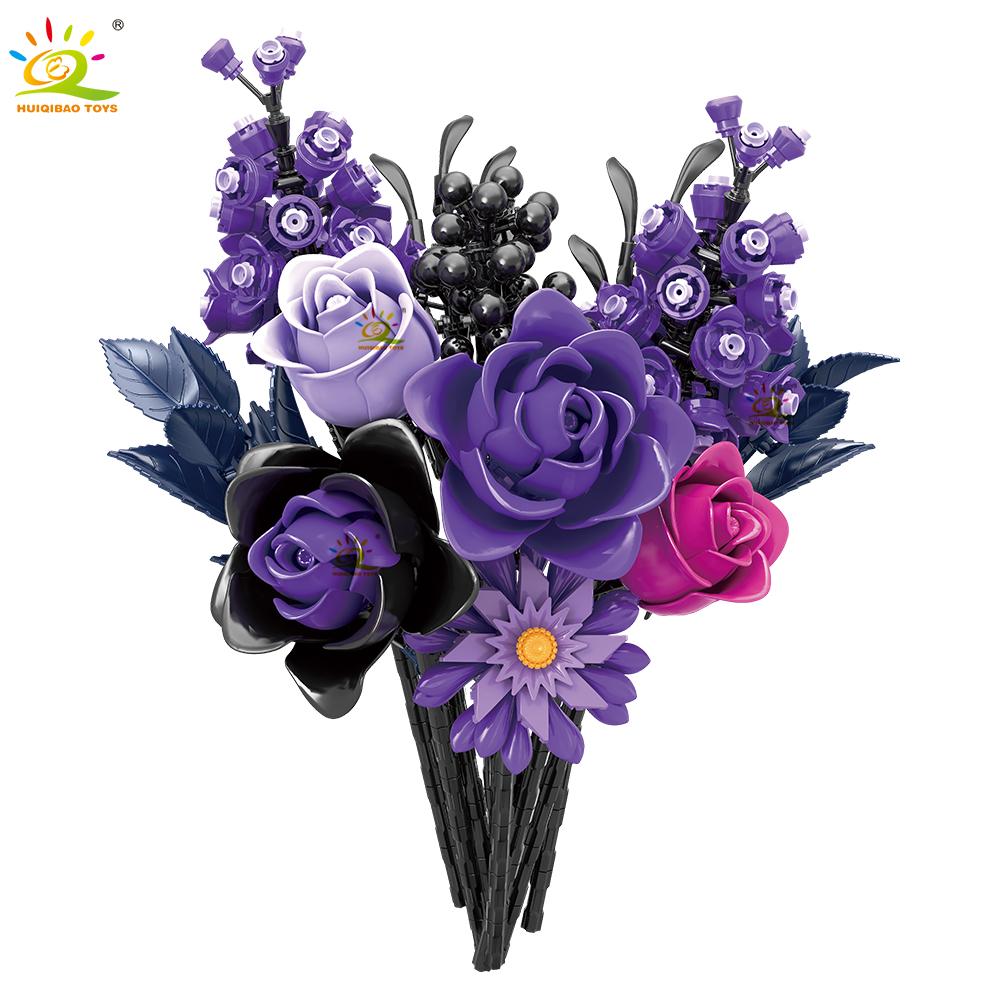 Giftfria Moc Lila Svarta Blomma Ros Modell Byggklossar Diy Evig Bukett Tegelset Leksak För Barn Heminredning